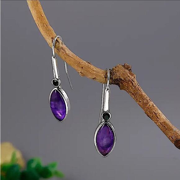 Boho Purple Zircon Hook Dangle Earrings - Picture 5 of 6